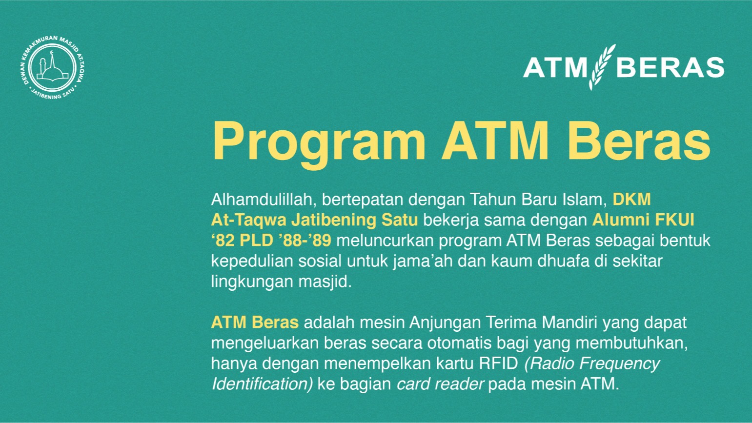 DKM Masjid At-Taqwa Luncurkan Program ATM Beras untuk Kaum Dhuafa