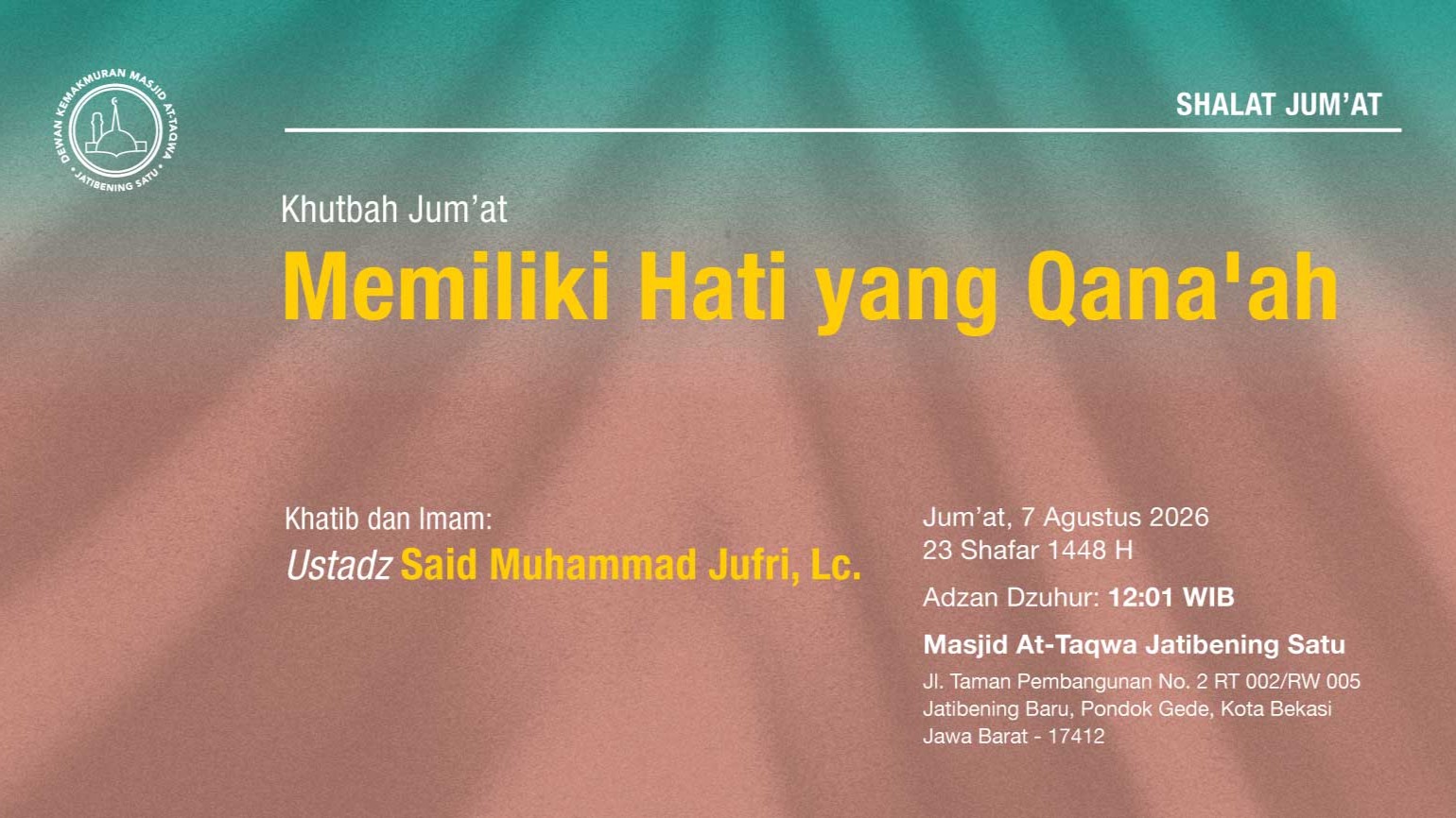 Info Shalat Jumat 7 Agustus 2026 • 23 Shafar 1448 H