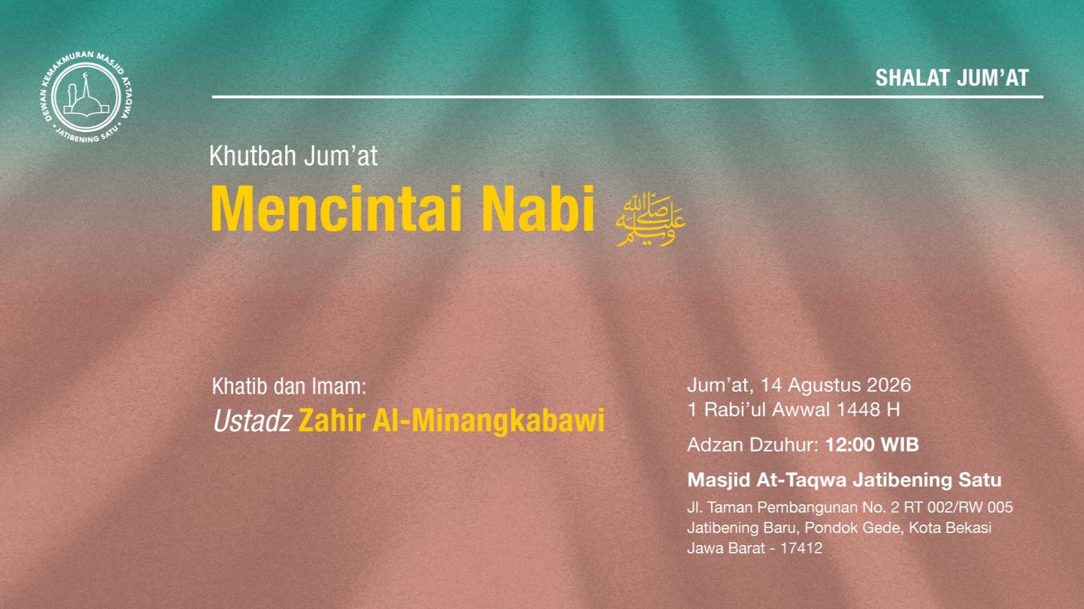 Info Shalat Jumat 14 Agustus 2026 • 1 Rabi'ul Awwal 1448 H