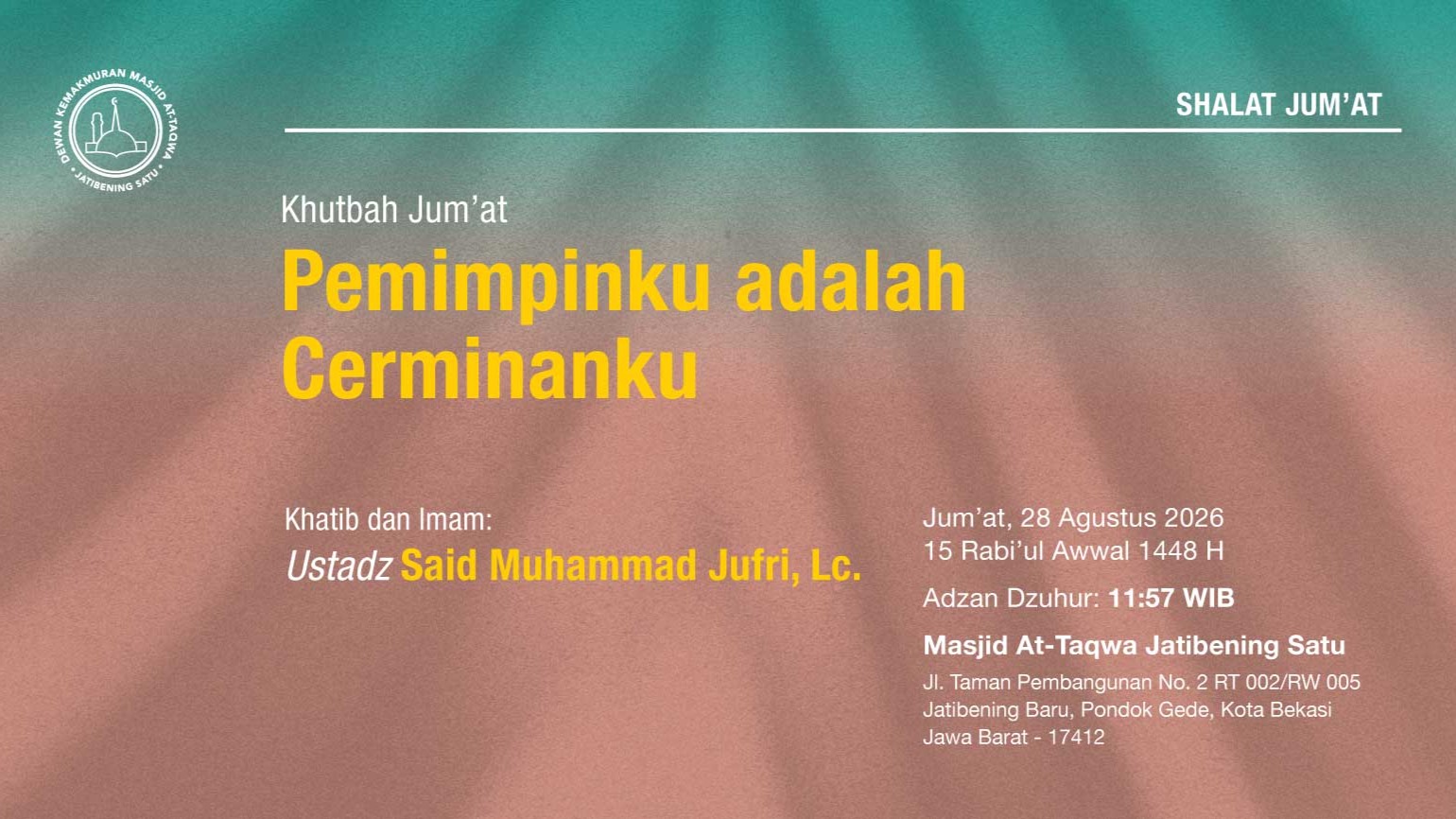 Info Shalat Jumat 28 Agustus 2026 • 15 Rabi'ul Awwal 1448 H
